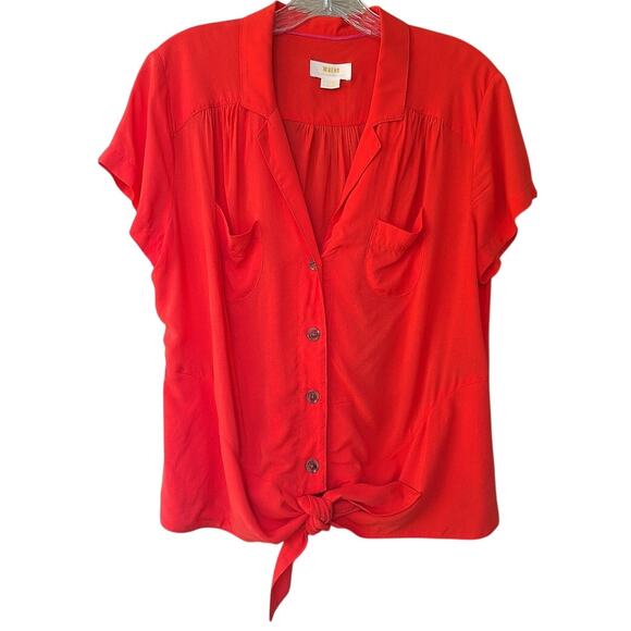 Maeve by Anthropology Front Tie Button Down Blouse Top Shirt Red Size 8 M Rayon - Picture 1 of 10